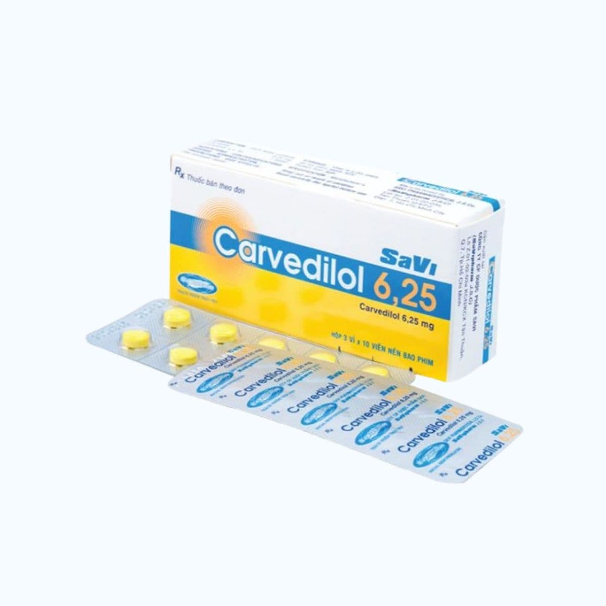 Viên nén SaVi Carvedilol 6.25mg điều trị tăng huyết áp, suy tim (3 vỉ x 10 viên)