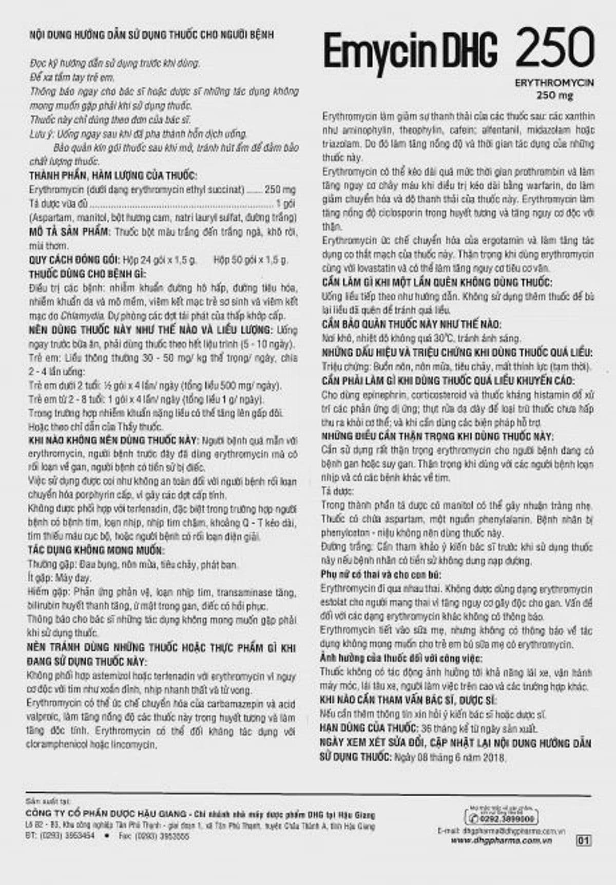 Bột pha uống Emycin 250mg DHG điều trị nhiễm khuẩn đường hô hấp (hộp 24 gói)